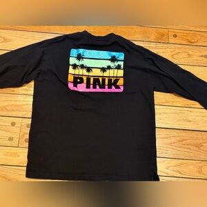 VICTORIAS SECRET PINK SHINE CAMPUS LONG SLEEVE TEE TOP RAINBOW PALM SHINE L